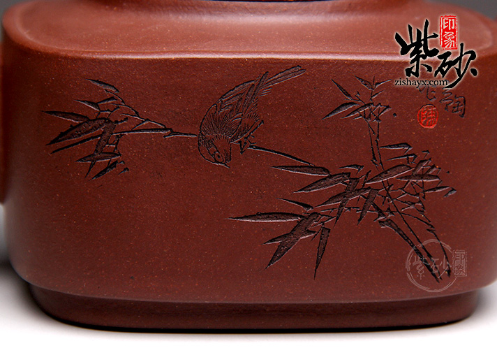 大均玉壶刻绘竹子鸟万美群紫砂壶底槽清500cc